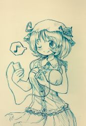 Rule 34 | 1girl, aki minoriko, arinu, blush, breasts, cellphone, commentary, earphones, food, frills, fruit, hair ornament, happy, hat, highres, large breasts, monochrome, mp3 player, musical note, one eye closed, phone, short hair, simple background, skirt, skirt set, smartphone, smile, solo, speech bubble, spoken musical note, touhou, wink
