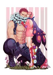 Rule 34 | 1boy, 1girl, back, backless dress, backless outfit, bare pectorals, bug, butterfly, charlotte katakuri, chest tattoo, covered mouth, dress, full body, hand on own thigh, highres, insect, kiss, manly, messy hair, muscular, muscular male, nipples, on one knee, one piece, pectorals, smile, spurs, standing, standing on one leg, stomach, stomach tattoo, tattoo, vinsmoke reiju