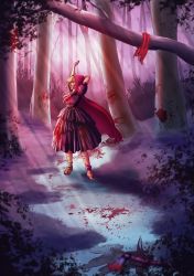 Rule 34 | 1girl, absurdres, axe, blonde hair, blood, blunt bangs, boku no hero academia, cloak, dress, forest, highres, nature, little red riding hood (grimm), solo, stretching, toga himiko, tree, weapon, yellow eyes