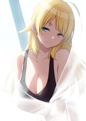 Rule 34 | 1girl, ahoge, amochin, bare shoulders, black bra, blonde hair, blue eyes, blush, bra, breasts, cleavage, closed mouth, collarbone, commentary, curtain grab, curtains, hachimiya meguru, half-closed eyes, highres, idolmaster, idolmaster shiny colors, large breasts, long hair, looking at viewer, smile, solo, transparent, underwear, underwear only