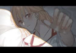 Rule 34 | 1girl, asuna (sao), bad id, bad pixiv id, blonde hair, blurry, blurry foreground, blush, brown eyes, collarbone, hair between eyes, highres, letterboxed, long hair, looking at viewer, lying, on side, parted lips, pov, reaching, reaching towards viewer, riko201008, shirt, solo, sword art online, twitter username, upper body, white shirt