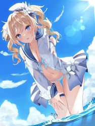Rule 34 | 1girl, barbara (genshin impact), barbara (summertime sparkle) (genshin impact), bikini, bikini under clothes, blonde hair, blue bikini, blue eyes, blue pupils, blue sky, blush, breasts, bubble, cleavage, cloud, cloudy sky, detached sleeves, dot nose, drill hair, dutch angle, flower, frilled shirt, frills, front-tie top, genshin impact, gluteal fold, hair flower, hair ornament, hand in own hair, hand on own thigh, hand up, highres, i ruru, leaning forward, long sleeves, looking down, medium breasts, navel, open clothes, open shirt, parted lips, ringlets, shirt, sidelocks, sky, sleeveless, sleeveless shirt, solo, standing, stomach, sunlight, swimsuit, thigh gap, thigh strap, thighs, twin drills, water, white headwear
