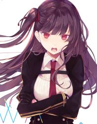Rule 34 | 1girl, black gloves, blunt bangs, blush, breasts, buttons, character name, collared shirt, crossed arms, floating hair, girls&#039; frontline, gloves, hair ribbon, half updo, large breasts, light particles, long hair, looking at viewer, necktie, one side up, open mouth, purple hair, red eyes, red necktie, ribbon, shirt, sidelocks, simple background, solo, striped clothes, striped shirt, tsundere, tsurime, very long hair, wa2000 (girls&#039; frontline), white background, yuizayomiya