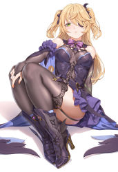 Rule 34 | 1girl, ankle boots, bare shoulders, black thighhighs, blonde hair, blush, boots, bow, breasts, bridal gauntlets, commentary request, detached collar, dress, eyepatch, fangxiang cuoluan, fingernails, fischl (genshin impact), fishnets, frills, full body, garter straps, genshin impact, green eyes, hair between eyes, hair ornament, high heel boots, high heels, highres, knees up, legs together, long hair, looking at viewer, medium breasts, parted lips, shadow, shiny clothes, shiny skin, short dress, short twintails, simple background, sitting, skirt, sleeveless, sleeveless dress, solo, thighhighs, thighs, twintails, white background
