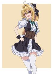 Rule 34 | 1girl, ahoge, alternate costume, black bow, black dress, black wrist cuffs, blonde hair, blush, border, bow, breasts, commentary request, dress, embarrassed, enmaided, eyelashes, eyes visible through hair, feet out of frame, frilled skirt, frills, hair between eyes, hair bow, hair intakes, hand on own hip, highres, hikikomari kyuuketsuki no monmon, long hair, looking at viewer, maid, maid headdress, open mouth, ponytail, puffy short sleeves, puffy sleeves, red eyes, shirt, shitaya tomoyuki, short sleeves, simple background, skirt, sleeveless, sleeveless dress, small breasts, solo, standing, sweatdrop, terakomari gandezblood, thighhighs, tsurime, v-shaped eyebrows, white border, white shirt, white thighhighs, wrist cuffs, yellow background, zettai ryouiki
