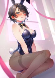 Rule 34 | 1girl, absurdres, animal ears, annmitsu114, aqua eyes, bare shoulders, black bow, black bowtie, black leotard, black pantyhose, blush, bow, bowtie, breasts, cleavage, commentary, commentary request, covered navel, detached collar, english commentary, fake animal ears, fake tail, highres, hololive, large breasts, leotard, looking at viewer, medium breasts, mixed-language commentary, oozora subaru, open mouth, pantyhose, playboy bunny, rabbit ears, rabbit tail, short hair, solo, strapless, strapless leotard, sweat, tail, thighband pantyhose, thighs, virtual youtuber, wrist cuffs
