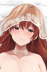 Rule 34 | 1girl, akito (d30n26), aliasing, bare shoulders, bridal veil, bride, brown eyes, choker, collarbone, commentary request, lace, lace choker, light blush, long hair, looking at viewer, original, parted lips, portrait, red hair, solo, veil, white choker