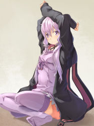 Rule 34 | 1girl, arms up, coat, dress, highres, indian style, kanzen bouon, long hair, long sleeves, looking at viewer, low twintails, open clothes, open coat, purple dress, purple eyes, purple hair, purple thighhighs, sitting, smile, solo, thighhighs, thighs, twintails, vocaloid, voiceroid, yuzuki yukari, zettai ryouiki
