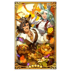 Rule 34 | 2boys, animal ears, bandaged arm, bandaged head, bandaged torso, bandages, bara, chewing, claws, dragalia lost, eating, food, halloween, halloween costume, holding, holding food, looking at viewer, luca (dragalia lost), male focus, multiple boys, mummy costume, muscular, muscular male, official art, open mouth, pastry, pectoral cleavage, pectorals, pumpkin, rabbit ears, ranzal (dragalia lost), saitou naoki, star (symbol), werewolf costume, wolf ears