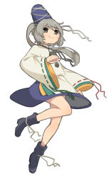 Rule 34 | 1girl, black footwear, blue skirt, boots, closed mouth, commentary request, full body, grey eyes, grey hair, hat, highres, japanese clothes, kariginu, long hair, miniskirt, mononobe no futo, partial commentary, ponytail, ribbon-trimmed sleeves, ribbon trim, sasa kichi, simple background, skirt, smile, solo, tate eboshi, touhou, white background, wide sleeves