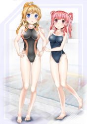 Rule 34 | 2girls, bad feet, barefoot, blonde hair, blue eyes, brown eyes, competition school swimsuit, competition swimsuit, artistic error, feet, hands on own hips, highleg, highleg swimsuit, highres, mashinatsu, multiple girls, one-piece swimsuit, original, pink hair, ponytail, reiji-sss, school swimsuit, swimsuit, twintails