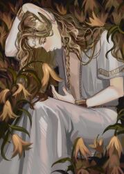Rule 34 | 1boy, absurdres, androgynous, blonde hair, bracelet, braid, brown eyes, commentary, elden ring, english commentary, flower, gold circlet, hanny (uirusu chan), highres, jewelry, lily (flower), long hair, looking down, male focus, miquella (elden ring), parted lips, short sleeves, solo, white tunic, withered