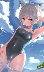 Rule 34 | 1girl, absurdres, animal ear fluff, animal ears, black one-piece swimsuit, blue archive, blue eyes, blue sky, blush, breasts, cloud, competition swimsuit, covered navel, cowboy shot, cross hair ornament, day, extra ears, gluteal fold, grey hair, hair ornament, halo, highres, looking at viewer, low ponytail, medium breasts, medium hair, mismatched pupils, multicolored clothes, multicolored swimsuit, official alternate costume, one-piece swimsuit, outdoors, partially submerged, shiroko (blue archive), shiroko (swimsuit) (blue archive), sidelocks, sky, solo, spiral (udon), standing, sweatdrop, swimsuit, wading, water, wolf ears