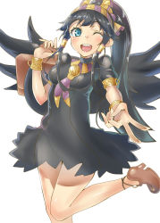 Rule 34 | 1girl, ;d, armlet, bad id, bad pixiv id, black dress, black hair, blue eyes, blush, bracer, briefcase, dress, egyptian, eyeshadow, fang, hair tubes, hairband, highres, holding, jewelry, kukkumann, leg up, long hair, makeup, necklace, nephthys (p&amp;d), one eye closed, open mouth, ponytail, puffy short sleeves, puffy sleeves, puzzle &amp; dragons, see-through, short sleeves, simple background, smile, solo, very long hair, white background