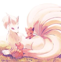 Rule 34 | absurdres, animal focus, animal hands, creatures (company), dot nose, game freak, gen 1 pokemon, highres, long tail, multiple tails, ninetales, nintendo, no humans, on grass, pokemon, pokemon (creature), red eyes, sitting, su (sajo su5), tail, vulpix, white background, white fur