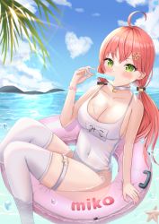Rule 34 | 1girl, absurdres, ahoge, bare shoulders, beach, blue sky, blush, breasts, choker, cleavage, cloud, collarbone, food, food in mouth, green eyes, hair between eyes, hair ornament, hairclip, heart, highres, hololive, inflatable raft, large breasts, long hair, looking at viewer, ocean, one-piece swimsuit, pink hair, popsicle, popsicle in mouth, sakura miko, sky, solo, sun, sunlight, swimsuit, thigh strap, thighhighs, uni ikura, virtual youtuber, water, white one-piece swimsuit