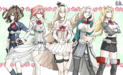 Rule 34 | 5girls, ark royal (kancolle), ascot, belt, black gloves, black pantyhose, black skirt, black thighhighs, blonde hair, blue eyes, blunt bangs, bob cut, breasts, brown belt, brown gloves, brown hair, corset, cropped jacket, crown, dress, fingerless gloves, flower, garter straps, gloves, green jacket, hair between eyes, half up braid, headgear, highres, inverted bob, jacket, jewelry, kantai collection, large breasts, long hair, long sleeves, medium breasts, messy hair, military, military uniform, mini crown, miniskirt, multiple girls, munmu-san, neck flower, necklace, nelson (kancolle), off-shoulder dress, off shoulder, overskirt, pantyhose, pencil skirt, pleated skirt, red ascot, red flower, red hair, red rose, rose, sheffield (kancolle), short hair, short shorts, shorts, skirt, small breasts, standing, thighhighs, tiara, very long hair, victorious (kancolle), warspite (kancolle), white corset, white dress, white gloves, white pantyhose, white shorts, white skirt, white thighhighs