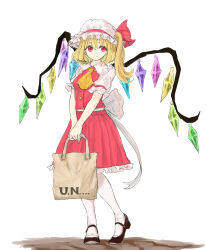 Rule 34 | 1girl, absurdres, ascot, bag, breasts, crystal, eyebrows hidden by hair, flandre scarlet, frilled shirt collar, frills, full body, hair between eyes, hat, highres, holding, holding bag, kashiwada kiiho, long hair, looking to the side, medium hair, mob cap, one side up, pantyhose, red eyes, red skirt, red vest, simple background, skirt, skirt set, small breasts, solo, standing, touhou, v arms, vest, white background, white pantyhose, wings, yellow ascot