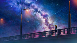 Rule 34 | 1girl, black hair, color creation, commentary request, highres, lamppost, long hair, milky way, original, outdoors, pedestrian bridge, railing, scenery, shooting star, solo, standing, star (sky), wide shot