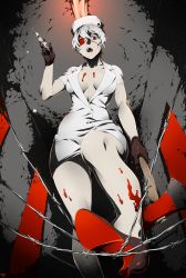 Rule 34 | 1girl, arizuka (catacombe), axe, barbed wire, blood, breasts, brown gloves, cleaning, cleavage, eyepatch, gloves, grey hair, hat, high heels, highres, holding, holding weapon, looking at viewer, no bra, nurse, nurse cap, open mouth, original, red eyes, short hair, solo, syringe, teeth, weapon