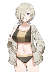 Rule 34 | 1girl, absurdres, alternate breast size, black sports bra, blonde hair, breasts, collarbone, commentary, hair over one eye, hands in pockets, highres, hood, hoodie, jacket, limelam06, long sleeves, looking at viewer, love live!, love live! nijigasaki high school idol club, medium breasts, mia taylor, midriff, navel, open clothes, purple eyes, short hair, simple background, smile, solo, sports bra, standing, teeth, two-tone sports bra, upper body, white background, yellow sports bra