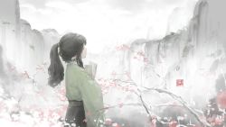 Rule 34 | 1girl, absurdres, black hair, book, chinese clothes, cliff, closed eyes, green shirt, hanfu, highres, holding, holding book, hua ming wink, medium hair, original, petals, ponytail, shirt, sidelocks, solo, standing, tree, water, waterfall, wide sleeves
