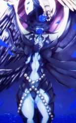 Rule 34 | black hair, blue background, blue flower, blue rose, blue skin, breasts, colored skin, facing viewer, flower, gluteal fold, hair over eyes, highres, horns, jewelry, large breasts, lucifer the fallen angel, navel, necklace, oreca battle, petals, psyche oreca, rose, solo, standing, wings