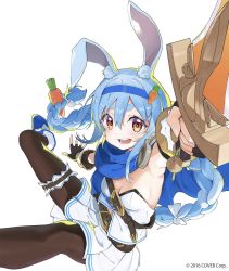 Rule 34 | 2016, adapted costume, alternate costume, animal ears, belt, bracelet, breasts, buckle, cape, carrot hair ornament, dated, eyebrows, fingerless gloves, floating, food-themed hair ornament, gloves, hair ornament, headphones, highres, holding, holding weapon, hololive, jewelry, medieval, muteki soda, orange eyes, pantyhose, rabbit ears, ribbon, shoes, skirt, small breasts, smile, sword, twintails, usada pekora, virtual youtuber, weapon, white background