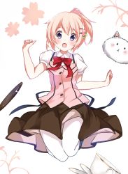 Rule 34 | 1girl, :d, black skirt, blouse, blush, full body, gochuumon wa usagi desu ka?, hair ornament, high ponytail, highres, hoto cocoa, looking at viewer, moko (alice), necktie, open mouth, purple eyes, red necktie, saucer, shirt, short hair, short sleeves, silver hair, simple background, skirt, smile, solo, tippy (gochiusa), white background, white legwear, white shirt
