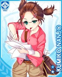 Rule 34 | 1girl, adjusting eyewear, alternate costume, bag, blue background, brown hair, card, character name, closed mouth, girlfriend (kari), glasses, green eyes, hair ornament, hairclip, looking at viewer, nanjo kumiko, necktie, object in mouth, official art, paper, pen, pink shirt, qp:flapper, shirt, shorts, smile, solo, strap, tagme, twintails, v-shaped eyebrows