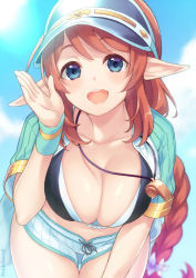 Rule 34 | 1girl, blush, breasts, elf, hat, highres, large breasts, looking at viewer, misato (princess connect!), nyanmaru (ememing), open mouth, pointy ears, princess connect!, swimsuit