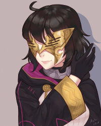 Rule 34 | 1girl, absurdres, ahoge, artist name, aztodio, black gloves, black hair, closed mouth, dated, fire emblem, fire emblem awakening, fire emblem heroes, gloves, highres, hood, hood down, long sleeves, mask, morgan (female) (fire emblem), morgan (fire emblem), nintendo, robe, short hair, simple background, solo