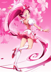 Rule 34 | 10s, 1girl, boots, bow, cure blossom, flower, from behind, hanasaki tsubomi, heartcatch precure!, knee boots, long hair, looking back, magical girl, moupii (hitsuji no ki), pink background, pink bow, pink eyes, pink hair, pink theme, ponytail, precure, short shorts, shorts, skirt, solo, very long hair