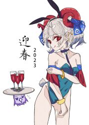 Rule 34 | 1girl, blue hair, chalice, character request, collarbone, copyright request, cup, detached sleeves, eagle spirit (touhou), earrings, echu 8742, highres, holding cup, horns, jewelry, leotard, licking, multicolored hair, necktie, off shoulder, playboy bunny, pointy ears, red eyes, red horns, red wine, sheep girl, sheep horns, sheep tail, simple background, tail, thighs, touhou, toutetsu yuuma, white background, white hair, yellow wristband