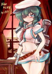 Rule 34 | 10s, 1girl, blue eyes, breasts, covered erect nipples, eyepatch, green hair, hat, kantai collection, kiso (kancolle), large breasts, looking at viewer, navel, neckerchief, okiraku nikku, short hair, skirt, smile, solo