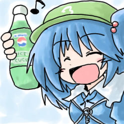Rule 34 | 1girl, 216, ^ ^, blue hair, bottle, closed eyes, female focus, green hat, hair bobbles, hair ornament, hat, kawashiro nitori, key, lowres, musical note, pepsi, pepsi ice cucumber, simple background, solo, touhou, two side up