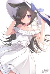 Rule 34 | 1girl, animal ears, arms up, bare shoulders, black hair, blue bow, blush, bow, breasts, cleavage, collarbone, dated, dress, frilled dress, frills, hair over one eye, hands on headwear, haruki (colorful macaron), hat, hat bow, highres, horse ears, long hair, looking at viewer, off-shoulder dress, off shoulder, parted lips, purple eyes, rice shower (umamusume), signature, simple background, small breasts, solo, sun hat, umamusume, very long hair, white background, white bow, white dress, white hat