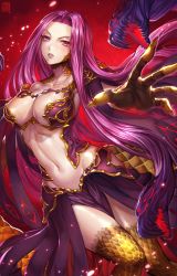 Rule 34 | 1girl, armor, between legs, box (hotpppink), breastplate, breasts, cape, cleavage, creature, eyelashes, fate/grand order, fate (series), female focus, fingernails, gorgon (fate), groin, hair intakes, highres, hip vent, large breasts, light particles, lips, long hair, looking at viewer, matching hair/eyes, medusa (fate), medusa (rider) (fate), monster girl, navel, open hand, outstretched arm, palms, parted lips, pelvic curtain, purple cape, purple eyes, purple hair, purple lips, purple skirt, red background, revealing clothes, rider, scales, sharp fingernails, skirt, snake hair, solo, spread fingers, stomach, very long hair
