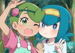 Rule 34 | 2girls, ;d, absurdres, aged down, arm up, blue eyes, blue hair, blush, bright pupils, child, closed mouth, commentary request, creatures (company), dated, day, eyelashes, game freak, green eyes, green hair, hairband, hands up, headband, highres, holding hands, lana (pokemon), long hair, looking at viewer, mallow (pokemon), multiple girls, nintendo, no sclera, one eye closed, open mouth, outdoors, pokemon, pokemon (anime), pokemon sm (anime), shirt, short sleeves, signature, smile, swept bangs, teeth, tree, twintails, upper teeth only, v, white pupils, yamada sakura