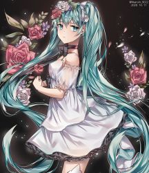 Rule 34 | 1girl, 2020, black background, black bow, blue eyes, blue hair, bow, closed mouth, cowboy shot, dated, floating hair, flower, from side, frown, hair between eyes, hair flower, hair ornament, hatsune miku, highres, holding, holding flower, layered skirt, long hair, looking at viewer, miniskirt, nyaruin, pink flower, pink rose, rose, shirt, short sleeves, skirt, sleeveless, sleeveless shirt, solo, spaghetti strap, standing, twintails, twitter username, very long hair, vocaloid, white flower, white shirt, white skirt, white sleeves