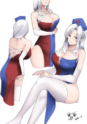 Rule 34 | 1girl, absurdres, ass, bare shoulders, blue dress, blue eyes, blue headwear, blush, breasts, cleavage, closed mouth, collarbone, detached sleeves, dress, grey hair, hat, highres, large breasts, long hair, multicolored clothes, multicolored dress, multiple views, nurse cap, open mouth, red dress, thighhighs, thighs, touhou, two-tone dress, white thighhighs, yagokoro eirin, yagoro kusuriya