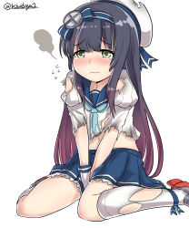 Rule 34 | 10s, 1girl, absurdres, arms between legs, black hair, blue skirt, blush, green eyes, hat, highres, kantai collection, kiritto, long hair, long sleeves, matsuwa (kancolle), pleated skirt, school uniform, serafuku, simple background, sitting, skirt, solo, tearing up, torn clothes, wariza, white background, white hat
