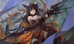 Rule 34 | 1girl, animal ears, arrow (projectile), bad id, bad pixiv id, bare shoulders, black hair, blueman, bow (weapon), gloves, highres, original, solo, thighhighs, weapon, yellow eyes