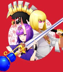 1boy 1girl axe battle_axe blonde_hair bob_cut bracelet commentary_request fang fate/grand_order fate_(series) gourd headpiece holding holding_axe holding_sword holding_weapon horns jewelry necklace open_clothes open_mouth open_robe pendant purple-tinted_eyewear purple_eyes purple_hair red_background ring robe sakata_kintoki_(fate) shiromako shuten_douji_(fate) skin-covered_horns smile sunglasses sword tinted_eyewear v-shaped_eyebrows weapon