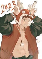 Rule 34 | 1boy, arms up, black jacket, hands up, happy new year, highres, itadori yuuji, jacket, jujutsu kaisen, looking at viewer, male focus, multicolored clothes, multicolored jacket, navel, new year, open clothes, open jacket, orange headwear, orange jacket, pink hair, qxq illus, simple background, solo, upper body, white background, yellow eyes
