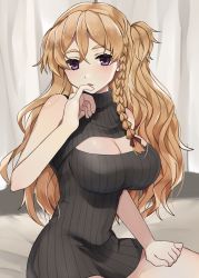 Rule 34 | 1girl, alternate costume, bed sheet, black sweater, blush, braid, breasts, cleavage, commission, hair between eyes, highres, kantai collection, large breasts, light brown hair, long hair, open mouth, purple eyes, ribbed sweater, skeb commission, sleeveless, sleeveless sweater, solo, sweater, toriniku senshi chikinman, wavy hair, zara (kancolle)