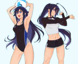 Rule 34 | 2girls, ahoge, armpits, ball, beachball, blue eyes, blue hair, competition swimsuit, hair flaps, highres, kotneciii, long hair, long sleeves, multiple girls, navel, one-piece swimsuit, original, ponytail, shorts, simple background, swimsuit