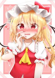 Rule 34 | 1girl, blonde hair, blush, breasts, crystal, ear blush, fangs, flandre scarlet, flustered, flying sweatdrops, full-face blush, hand on own face, hat, heart, highres, kaede (kaede fs495), looking at viewer, medium hair, mob cap, nervous, one side up, open mouth, pointy ears, red eyes, simple background, small breasts, solo, touhou, wavy mouth, wings