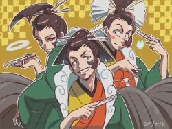 Rule 34 | 3boys, :3, ace attorney, androgynous, black eyes, black hakama, blush, blush stickers, brown hair, bug, butterfly, checkered background, closed mouth, dated, folding fan, grin, hair bun, hair ornament, hair stick, hakama, hakama skirt, half-closed eyes, hand fan, hand up, hands up, haori, happy, high ponytail, highres, holding, holding fan, insect, japanese clothes, kimono, long sleeves, looking at viewer, male focus, multicolored clothes, multicolored kimono, multiple boys, multiple persona, outline, phoenix wright: ace attorney - spirit of justice, short hair, sidelocks, simple background, single hair bun, skirt, smile, smoke ring, standing, teeth, tiduco, uendo toneido, upper body, white outline, wide sleeves, yellow background
