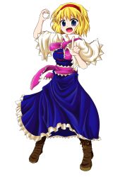 Rule 34 | 1girl, alice margatroid, blonde hair, blue dress, blue eyes, boots, brown footwear, capelet, commentary request, dress, egg, frilled dress, frills, full body, hairband, highres, kenpi (hs-totyu), looking at viewer, open mouth, sash, shoes, short hair, solo, standing, touhou, white background